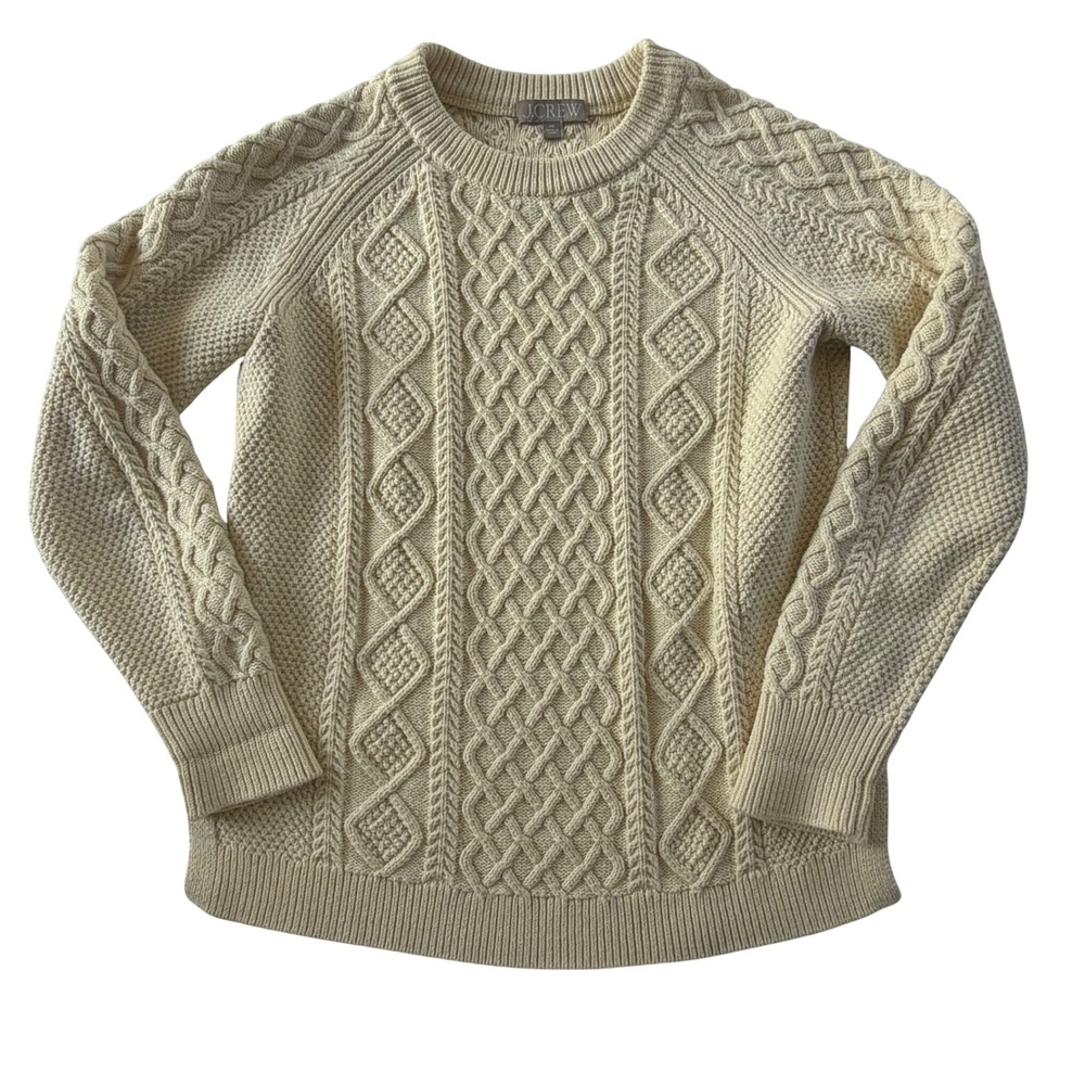 J. Crew Cream Cable Knit Fisherman Sweater Womens XS Ivory Crewneck Pullover EUC
